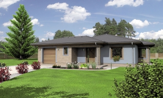 L-shaped house with a garage. The garage may be omitted.